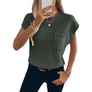 Womens Short Sleeve Sweaters Summer Cap Sleeve Tops Casual Crewneck Oversized Lightweight Knit Sweater Vest (Green, XL)
