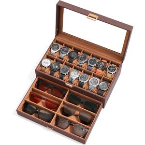 Watch Case Box for Men  14 Slots Watch Display Organizer with 6-Compartment Eyeglasses Storage, Real Glass Lid 2-Layer PU Leather Collection Holder Gift for Loved Ones Brown
