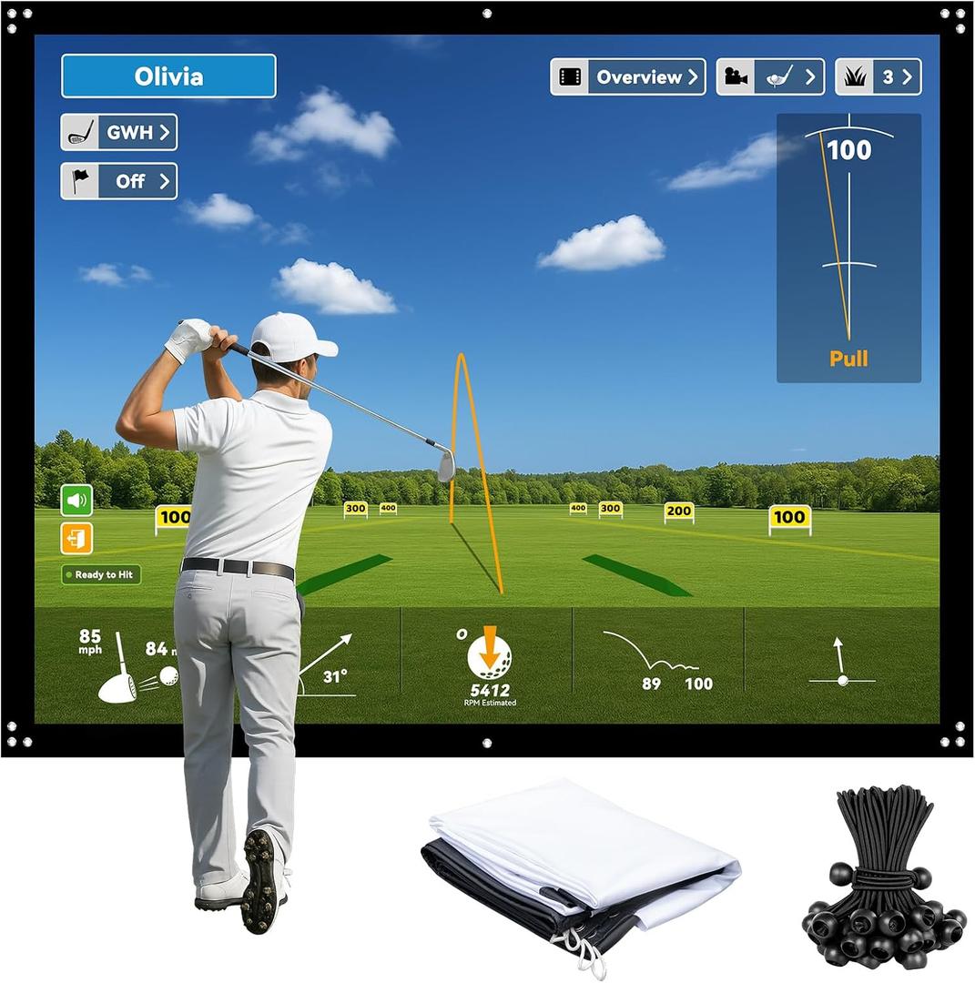 ZEALFEEL 9x7ft Golf Simulator Impact Screen for Training, 14 Gromment Holes,Durable Projector Screen with 10 Bungee Cords, 2 Layer Impact Screen for Home/Indoor/Garage