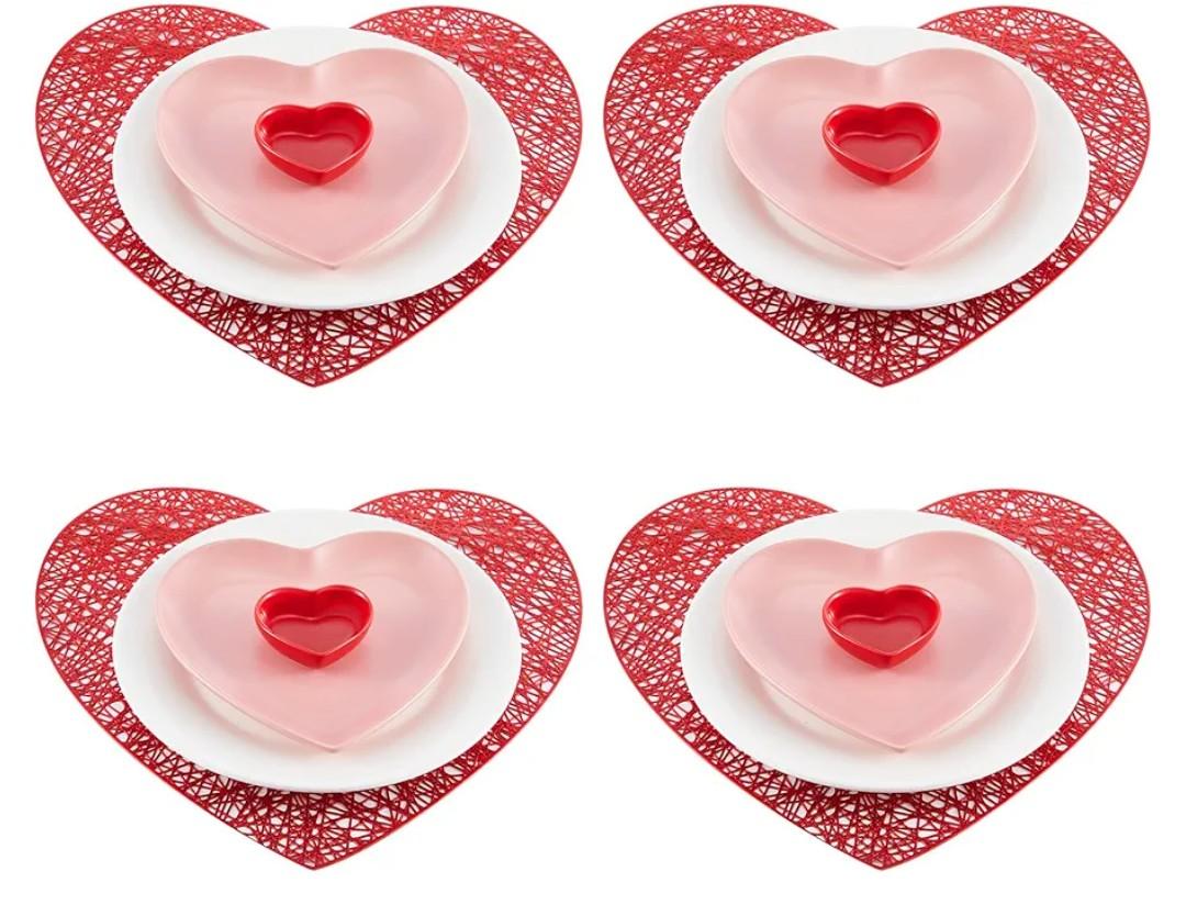 Jinei 16 Pcs Valentine‘s Day Tableware Set Include Large Pink Heart Ceramic Flat Plates White Dinner Ceramic Plates Red Heart Dish Bowls and Place Mats for Wedding Anniversary Party Decorations