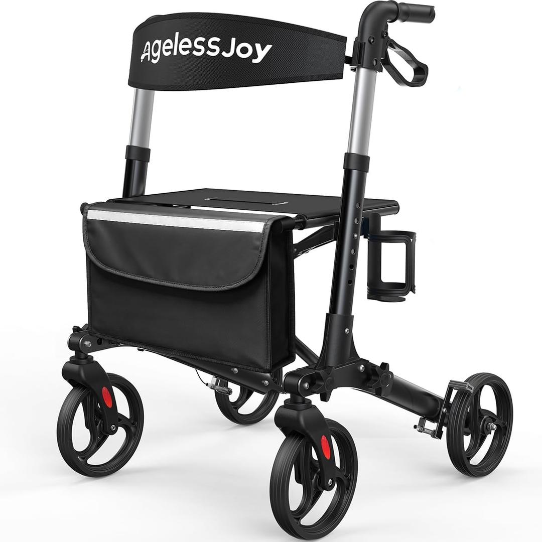 Ageless Joy Rollator Walker Foldable Rollator Walker with Seat for Seniors, Aluminum Frame