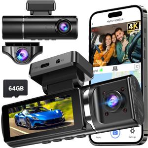 4K Dash Cam Front and Rear Inside with 64GB Card, 3 Channel Dash Camera for Cars, 1080P Triple Dash Cam Built-in GPS, 5GHz WiFi, Night Vision, Parking Mode