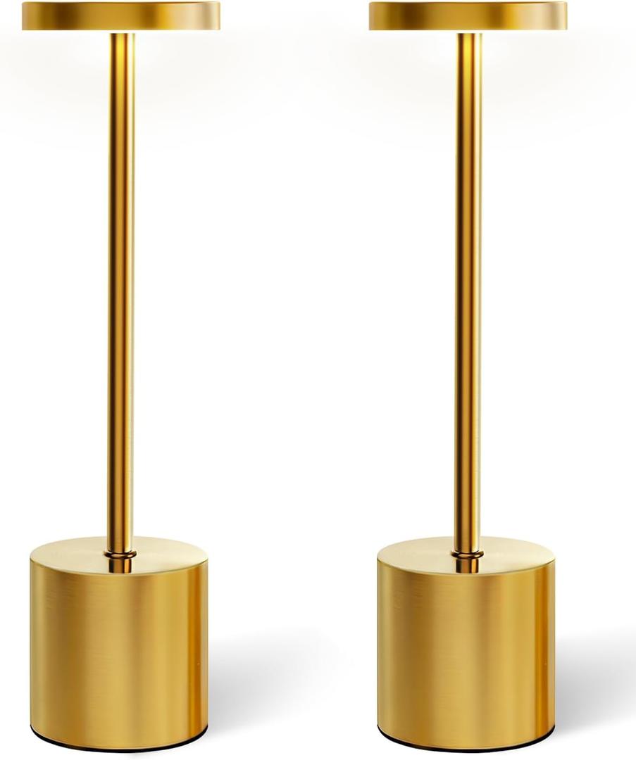 Swinerton Cordless Table Lamp Set of 2, Gold 5000mAh Rechargeable Battery Operated Lamps, Wireless 3 Color Dimmable Touch Lamp Table Light for Restaurant Dining Patio Outdoor, Home Decor