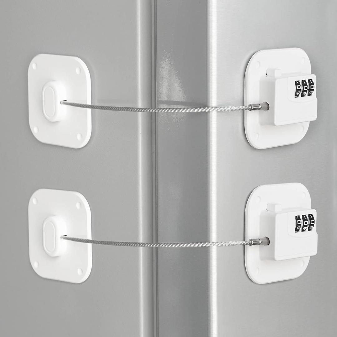 Refrigerator Lock, Heavy Duty Fridge Lock, Combination Lock for Refrigerator Cabinets, Drawers, Safety, Easy Install No Keys Needed (White-2Pack)