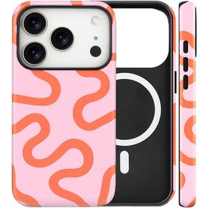 Magnetic for iPhone 17 Pro Case Cute Curved Stripes Phone Case, Shockproof Slim TPU and Hard PC Protective Phone Cover Compatible with MagSafe Designed for Women Girls,Pink