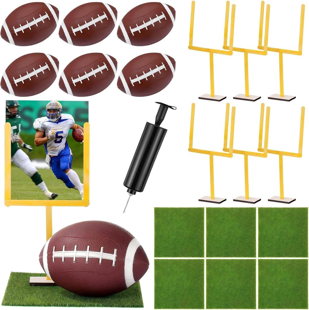 6 Set Football DIY Table Centerpiece Decor Set Includes Mini Footballs, Artificial Turf, Rugby Hoop Photo Goalposts, Football Tabletop Centerpiece Decoration for Game Birthday Party Favors