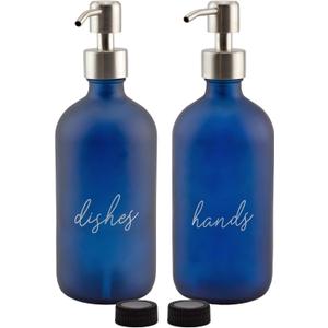 Cornucopia Brands 16oz Hands Dishes Pump Bottles (Blue, Set of 2); Frosted Blue Pump Dispensers for Kitchen and Home