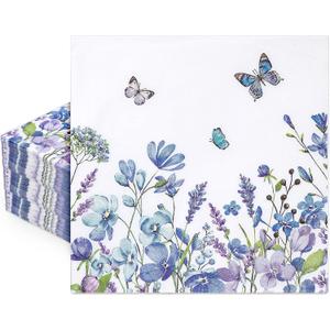 2 x 80 Pcs Floral Paper Napkins Summer Watercolor Blue Wildflower Butterfly Disposable Napkins Flower Blossom Luncheon Dinner Napkin for Spring Wedding Baby Shower Birthday Tea Party Supplies