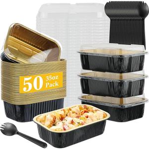 BAKINGPAK 50PCS 35OZ 2.2LB Gold Aluminum Cake Tins with Lids, Disposable Baking Pans, Foil Containers, Pie Pans for Cooking & Storage