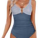 BMJL Women's Tummy Control Swimsuits Ruched Slimming One Piece Bathing Suit Deep V Neck Swimsuit (X-Large, Blue Striped)