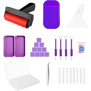 LIRUNQIU 46 PCS Diamond PaintingTools Kit, Complete Accessories Set with Anti-Slip Mat, Tweezers, Roller, Wax Pen, Storage Containers, Trays for Adults Kids Beginners Art Crafts(Purple)