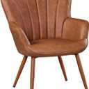 Yaheetech PU Leather Armchair, Modern Accent Chair with Metal Legs, Comfy Upholstered Barrel Chair for Living Room Bedroom Vanity Room, Brown