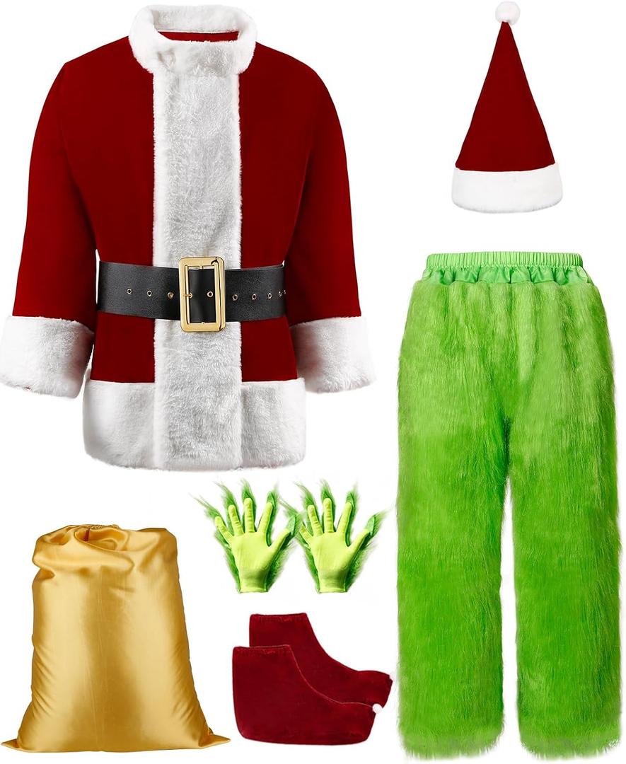 PrettyQueen Christmas Green Santa Costume Deluxe Men's Santa Claus Costume Adult Santa Suit Halloween Xmas Holiday Party Cosplay Outfit 9Pcs (X-Large)