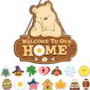 Winnie Welcome Sign for Door Decor, the Pooh Welcome to Our Home Sign with Interchangeable Holiday Sign, Christmas Party Decor Supplies, Perfect for Housewarming Gift, Christmas Thanksgiving Gifts