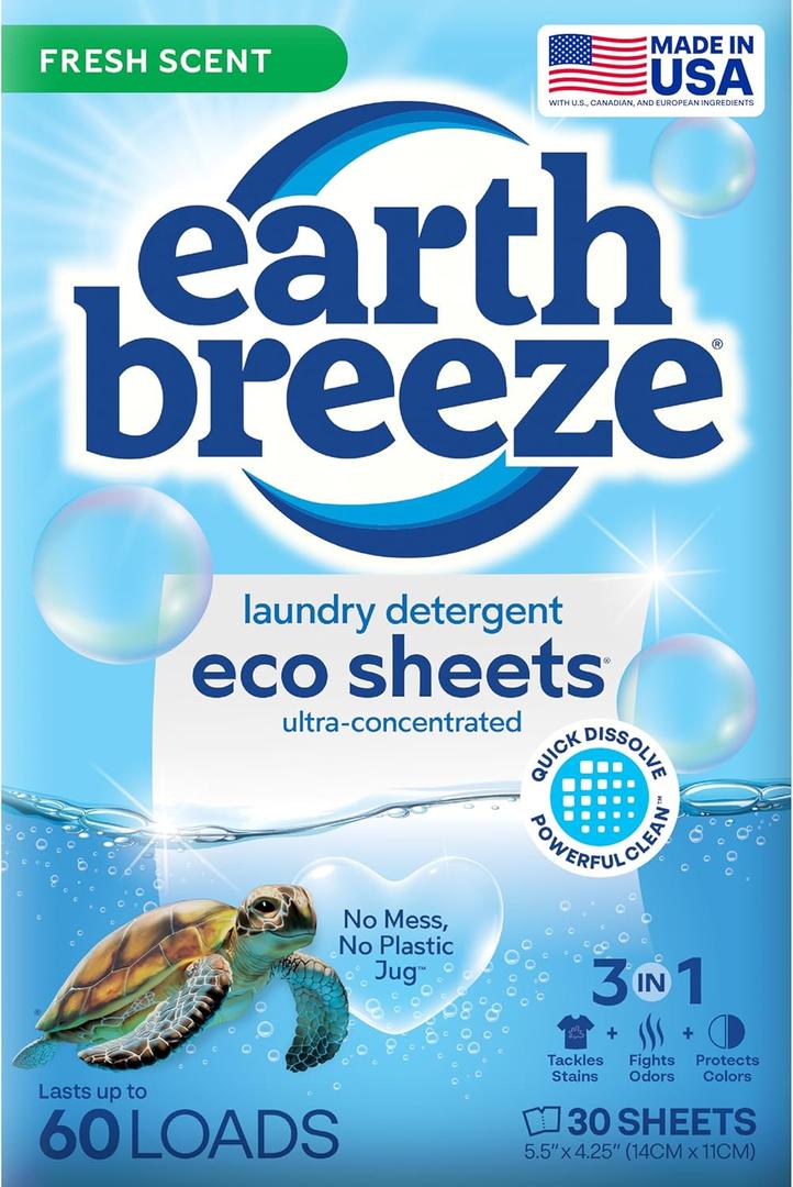 Earth Breeze Laundry Detergent Sheets Fresh Scent - 60 Loads Eco Liquidless Soap - Travel-Friendly for Hot & Cold Cycles, Tackles Tough Stains & Odors - Gentle on Skin, 30 Ct