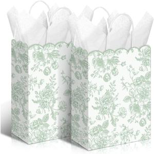 Kolldenn 24 Pcs Sage Green Floral Gift Bags with Handles Wildflower Party Favor Candy Treat Goodie Bags Scalloped for Birthday Decoration for Bridal Baby Shower Party Supplies