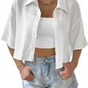 SHENHE Women's Button Down Short Sleeve Shirt Collared Crop Top Blouse | Oversized Shirt For Women,Textured Collared Crop Top,Half Sleeve (White, M)