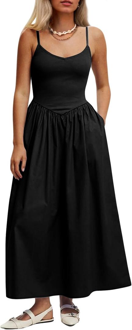 Womens Sleeveless V-Neck Maxi Dress with Pockets  Slim Fit Casual Summer Spaghetti Strap Dress for Vacation (Large, Black)