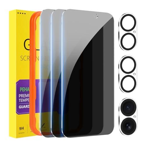 PEHAEL 3+3 Pack for iPhone 16 Privacy Screen Protector with Camera Lens Protector Full Coverage Anti-Spy Tempered Glass Film 9H Hardness Easy Installation Bubble Free [6.1 inch]
