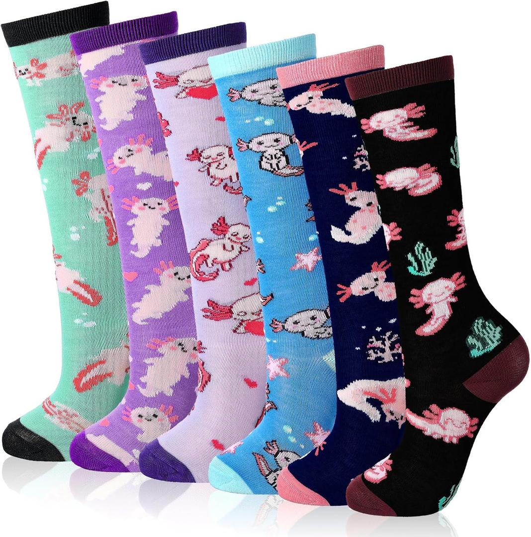 6 Pairs Kids Socks Cute Axolotl Animals Novelty Crew Cotton Socks Casual Dress Set Gifts for Kids Boys and Girls (6-10 Years, Bright Color)