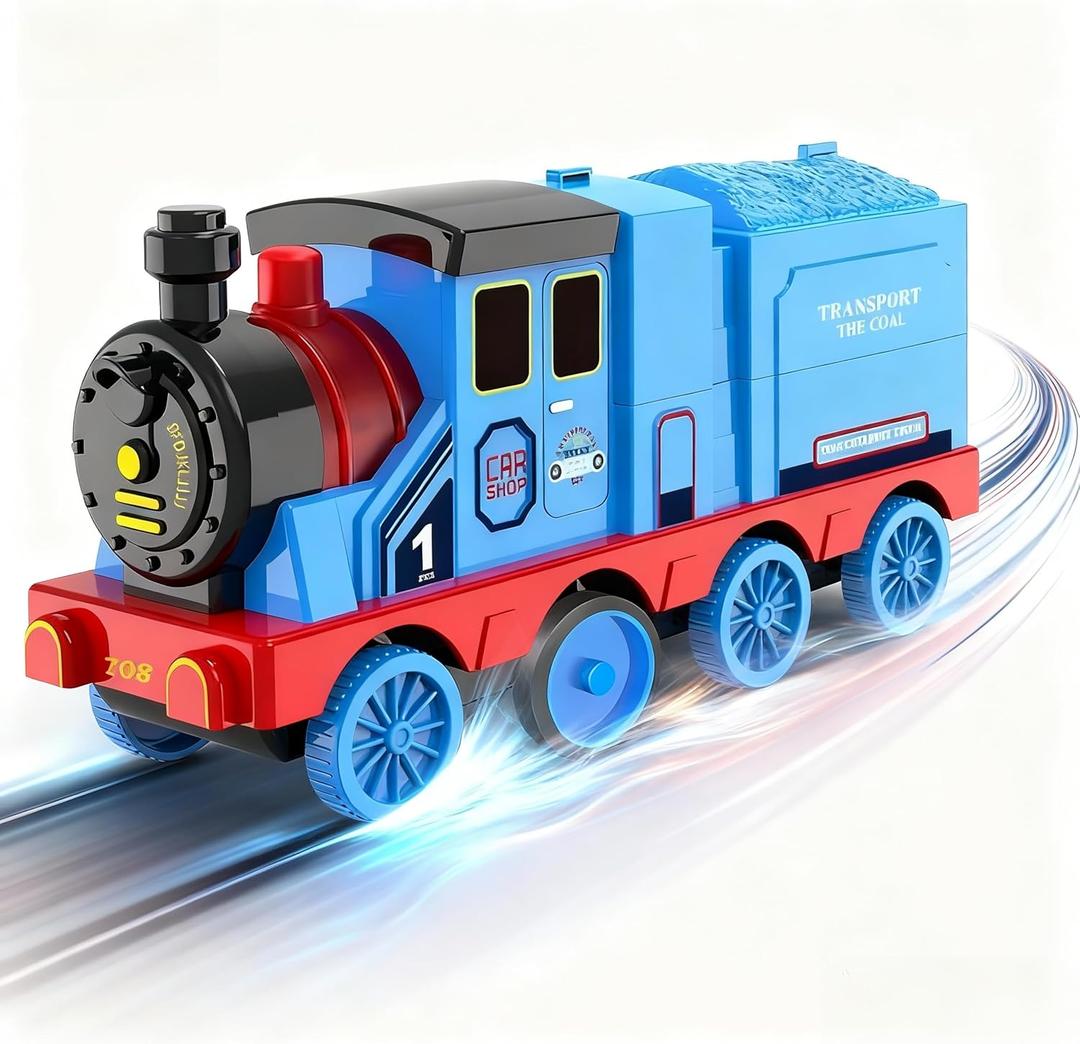 Transforming Engine Train Set for Kids & Toy Car Catapult, Back Folds Out to Secret Garage for Mini Cars, Shoot and Race Fun, Preschool Festival Train Gift Toys for Toddlers 3+ (Blue)