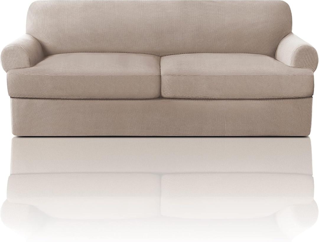 PrinceDeco T Cushion Sofa Slipcover 3 Pieces Sofa Covers for T Cushion Couch Soft Couch Covers Sofa Slip Cover Furniture Covers with 2 Individual T Shape Seat Covers Width Up to 88", Sand