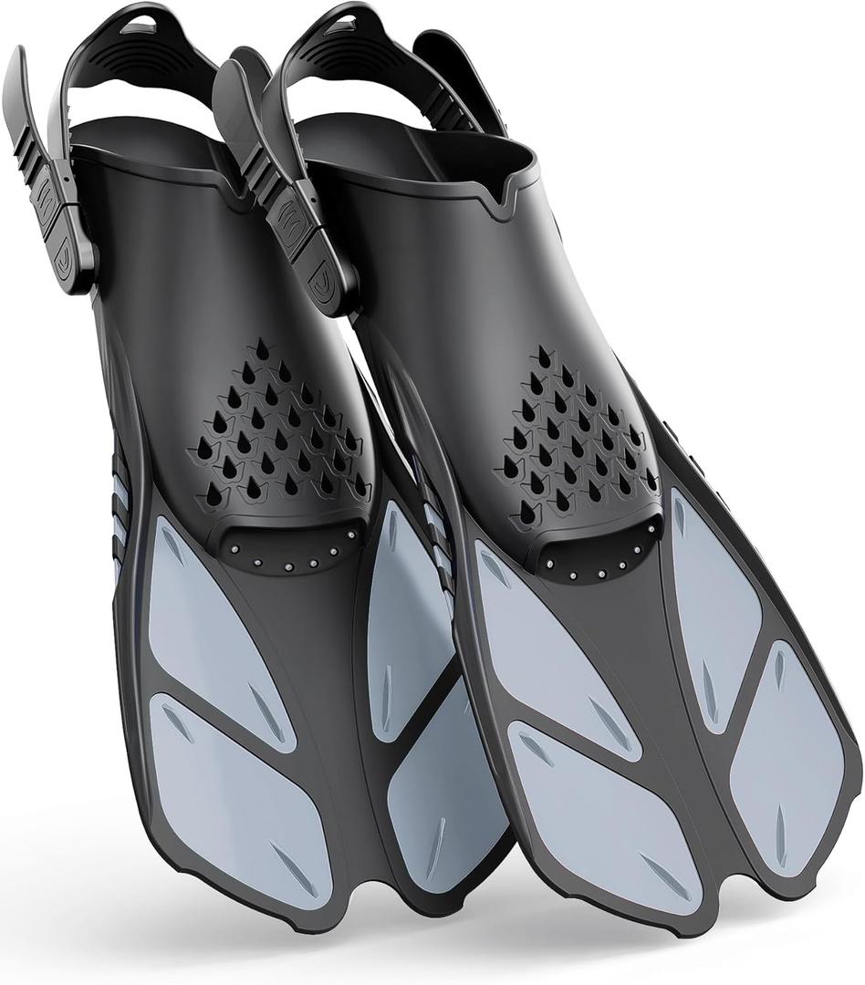 Greatever Snorkel Fins Adjustable Buckles Open Heel Swim Flippers Travel Size Short Swim Fins for Snorkeling Diving Swimming Adult Men Womens L/XL (Grey)