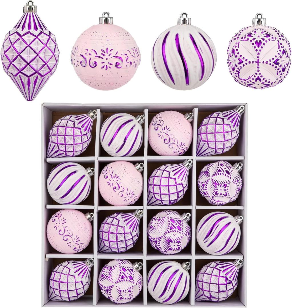 16PCS Shatterproof Christmas Ball Ornaments Set, Hand-Painted Holiday Decor with Assorted Sizes & Designs for Christmas Tree Thanksgiving Party Decoration, Purple-White