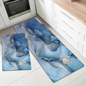 MAYHMYO Kitchen Mat for Floor Blue Turquoise Golden Marble Kitchen Rugs and Mats Non Skid Washable 17"X48"+17"X24" Set of 2 Abstract Kitchen Floor Rugs Mats for Dining Room Floor Home Sink Laundry