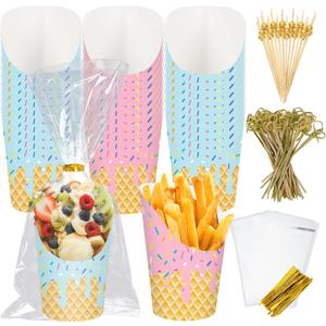 FYSUIMU 50Pcs Ice Cream Charcuterie Paper Cups with Sticks Bags Twist Ties 14oz Pink Blue Sprinkle Disposable Appetizer Cups French Fry Holder for Summer Party Supplies (EXP 12/31/36)