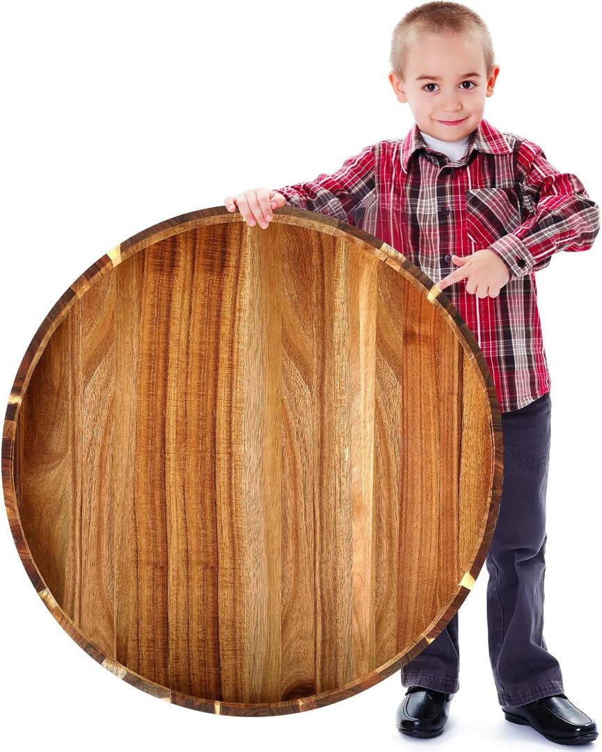 Blushtier 26in Extra Large Round Ottoman Tray with Handles Solid Circle Acacia Wood Decorative Serving Tray Oversized for Living Room, Coffee Table, Breakfast in Bed Tea Fruit