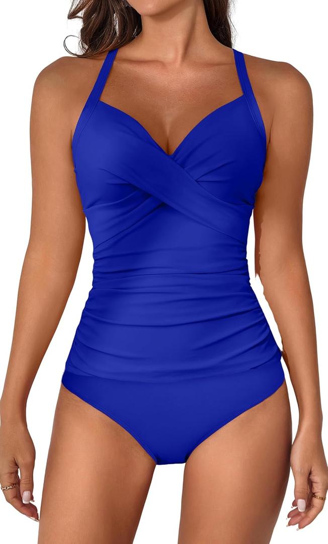 B2prity Women's Ruched Tankini Swimsuits V Neck Wrap Tie Back Two Pieces Bathing Suit Tummy Control Swimwear(Royal Blue) (S)