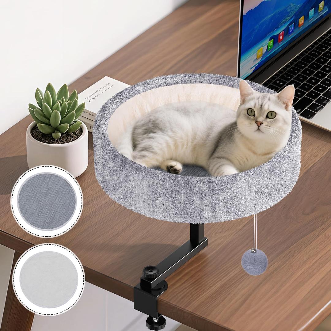 Cat Desk Bed - 360 Rotating & Adjustable, Supports 44 lbs, Soft Faux Fur with Dual-Sided Reversible Mat, Modern Indoor Cat Nest Furniture for Office Desks and Game Tables, Island Table (Grey)
