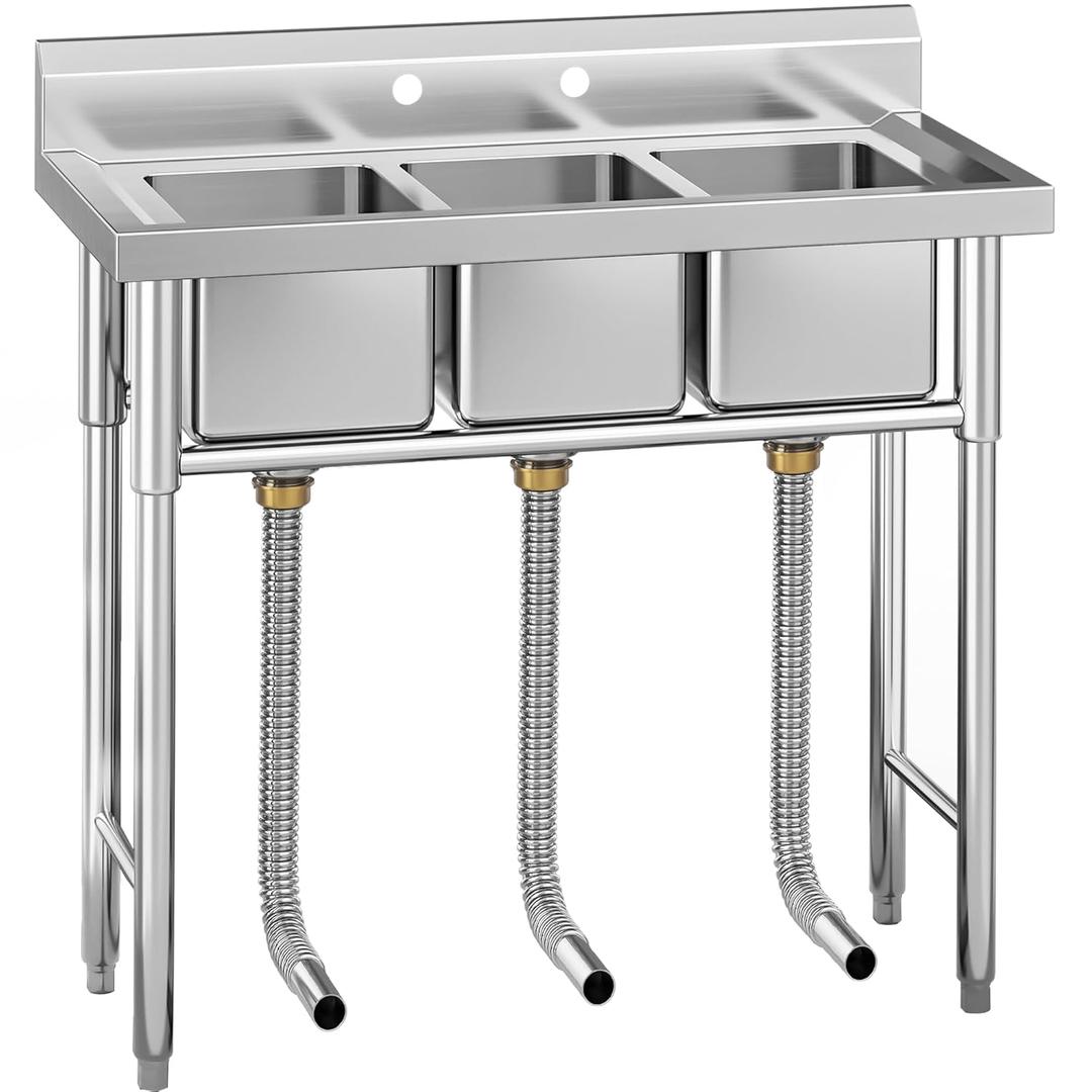 YITAHOME Utility Sink 3 Compartment Stainless Steel Freestanding Bar Sink NSF Commercial Sink for Restaurant, Laundry, Garage, Workshop Sink with Legs, Outdoor (39"x18"x37")
