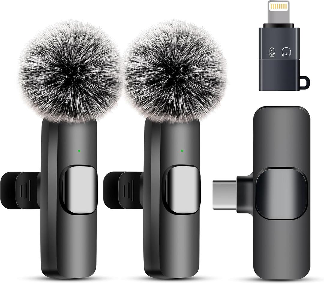 Wireless Microphone for iPhone iPad and Android Phone, 2 Pack Wireless Lavalier Lapel Mic with Noise Reduction, Plug and Play Mini Microphone for Video Recording Interview Podcast YouTube TikTok Vlog