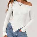 Zenlonr Womens Long Sleeve Shirts Fall Outfits 2025 Off The Shoulder Tops Asymmetrical Fitted Knit T Shirts Going Out Tops (Small)