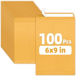 SUNEE 6x9 Manilla Envelopes, 28lb Brown Kraft, Ultra Strong Quick-Seal Security Catalog Mailing Envelopes for Flat Letter Size Documents or Photos, 100 Count