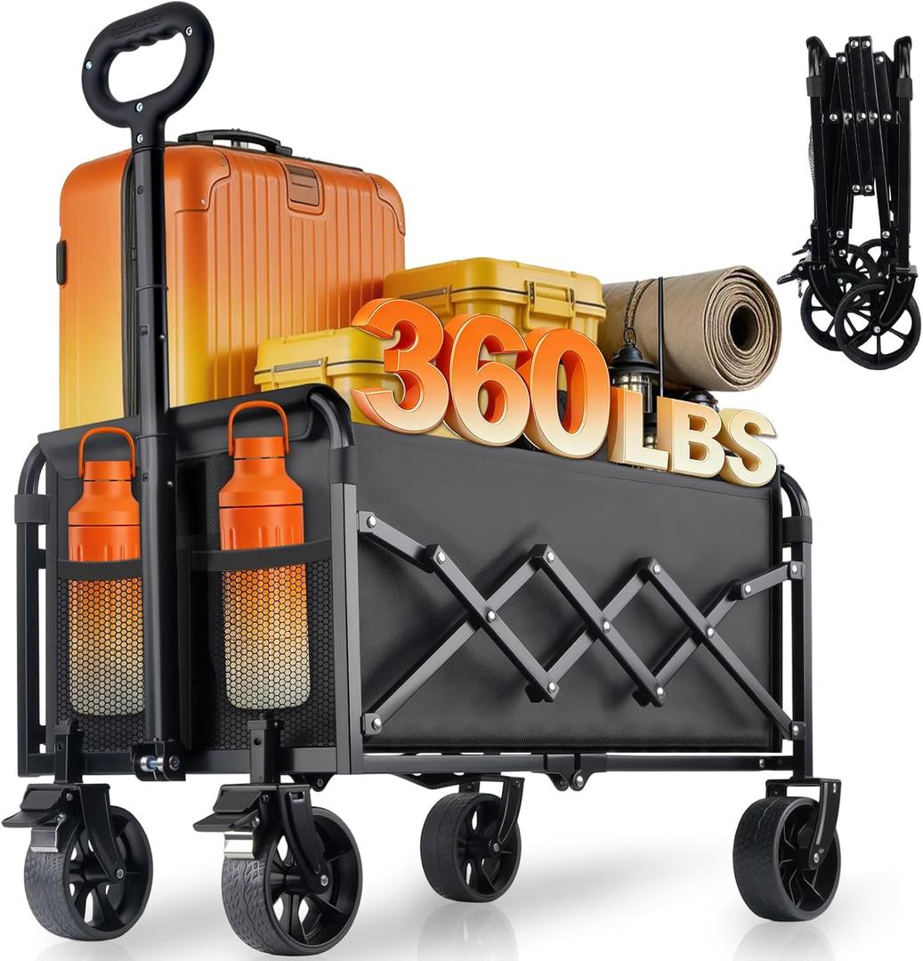 360lbs Foldable Wagon Cart Collapsible - Heavy Duty All-Terrain Portable Lightweight Folding Utility Carts with Wheels, Large Capacity Portable Grocery & Beach Trolley for Shopping, Camping and Sports