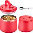 14oz Insulated Vacuum Food Jar with Buckle Lid,Soup Thermo for Hot Food Kids,Wide Mouth Leakproof Stainless Steel Lunch Container with Spoon-Red
