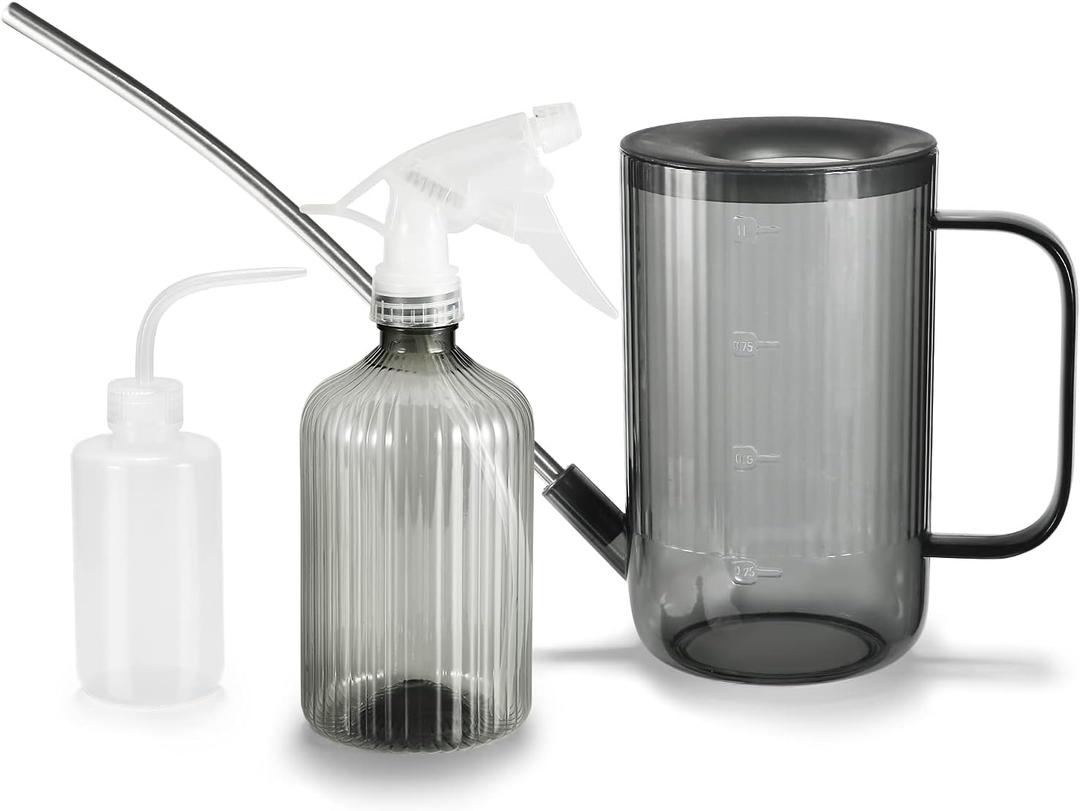 Watering Can Indoor Plants, Small Watering Can 34oz Long Spout Watering Can for Indoor House Plants Outdoor Garden Flowers w Spray Bottle, Squeeze Bottle (Gray)