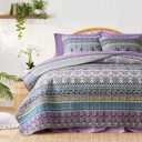 3 Pieces Colorful Bohemian Quilt Set King Size, Purple n Grey Boho Striped Printed Bedding Bedspread Coverlet Set for Summer, Soft Lightweight Microfiber Quilt with 2 Shams (King (102" x 88"))