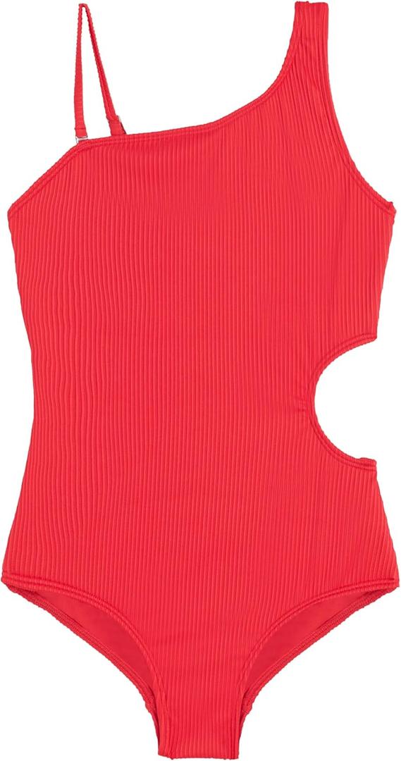 Kanu Surf Girls Cori Beach Sport One Shoulder Side Cut UPF 50 1pc Swimsuit (8, Rib Solid Red)