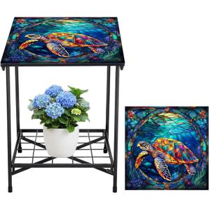 Cinnvoice Outdoor Side Table 2-Tier Storage Square Small Mosaic Patio Accent Indoor End Plant Coffee Tea Table for Yard Patio Porch Garden Living Room, Bedroom(Turtle Style)