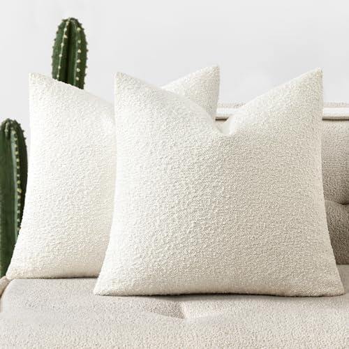 Woaboy Pack of 2 20x20 Inch Decorative Boucle Throw Pillow Covers Textured Square Pillowcaes Accent Solid Cozy Soft Cushion Covers Home Decor for Sofa Couch Living Room Home Decor,White