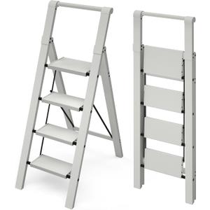 Mayi Plus 4 Step Ladder, Lightweight Folding Step Stool with Convenient Handgrip,Aluminum 330lbs Capacity Step Ladder for Office,Household,Kitchen,Library(Grey)