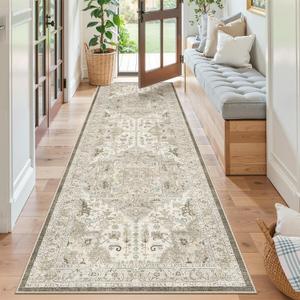 Madane Runner Rug 2'6''x8' Kitchen Runner, Hallway Runner Printed Vintage Washable Rugs Soft Non-Slip Low Pile Runners for Hallways Laundry Room Rug Distressed Rug, Ivory/Brown