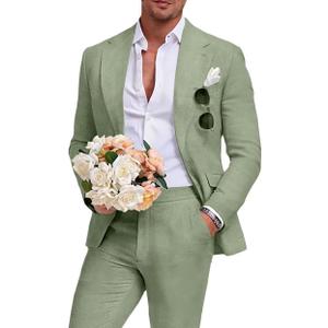 Men's Linen Suit 2 Piece Slim Fit Summer Beach Wedding Prom Party Breathable,Linen Blazer Suit Set,for Beach Weddings,Groom Wear,Prom and Outdoor Parties,Business Casual,Vacation Daily Wear 2XL