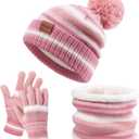 Kids Winter Hat Gloves Scarf Set: Girls Boys Beanie Hats Gloves Knit Set with Thick Warm Fleece Lined For Ages 6-10 Children (Pink)