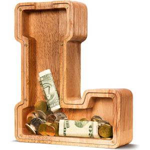 ELX Wooden Piggy Bank for Kids Boys, Personalized Letter Money Bank, Safe & Durable Savings Box for Toddlers Girls, Gifts for Birthday Holiday Christmas (9")