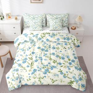 Homewish Blue Flowers Reversible 7 Pieces Comforter Set King Size,Boho Watercolor Floral Print Bed Sheet Set Green Leaves Plant Ink Painting Bedding Set with Comforter,Fitted & Flat Sheet